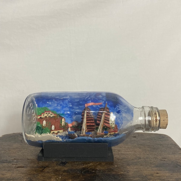 Vintage ship in a bottle - Mini galleon ship in a glass bottle - Nautical decor - 6” GC