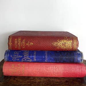 Bundel antieke boeken - oude boeken - decoratieve boekenset - vintage prop - boeken tentoonstellen - vintage bibliotheek - 3 rode, blauwe en gouden boeken - GC
