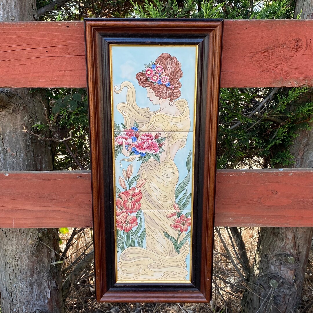 Vintage Tile Picture Art Nouveau Wall Hanging Framed Tile Etsy