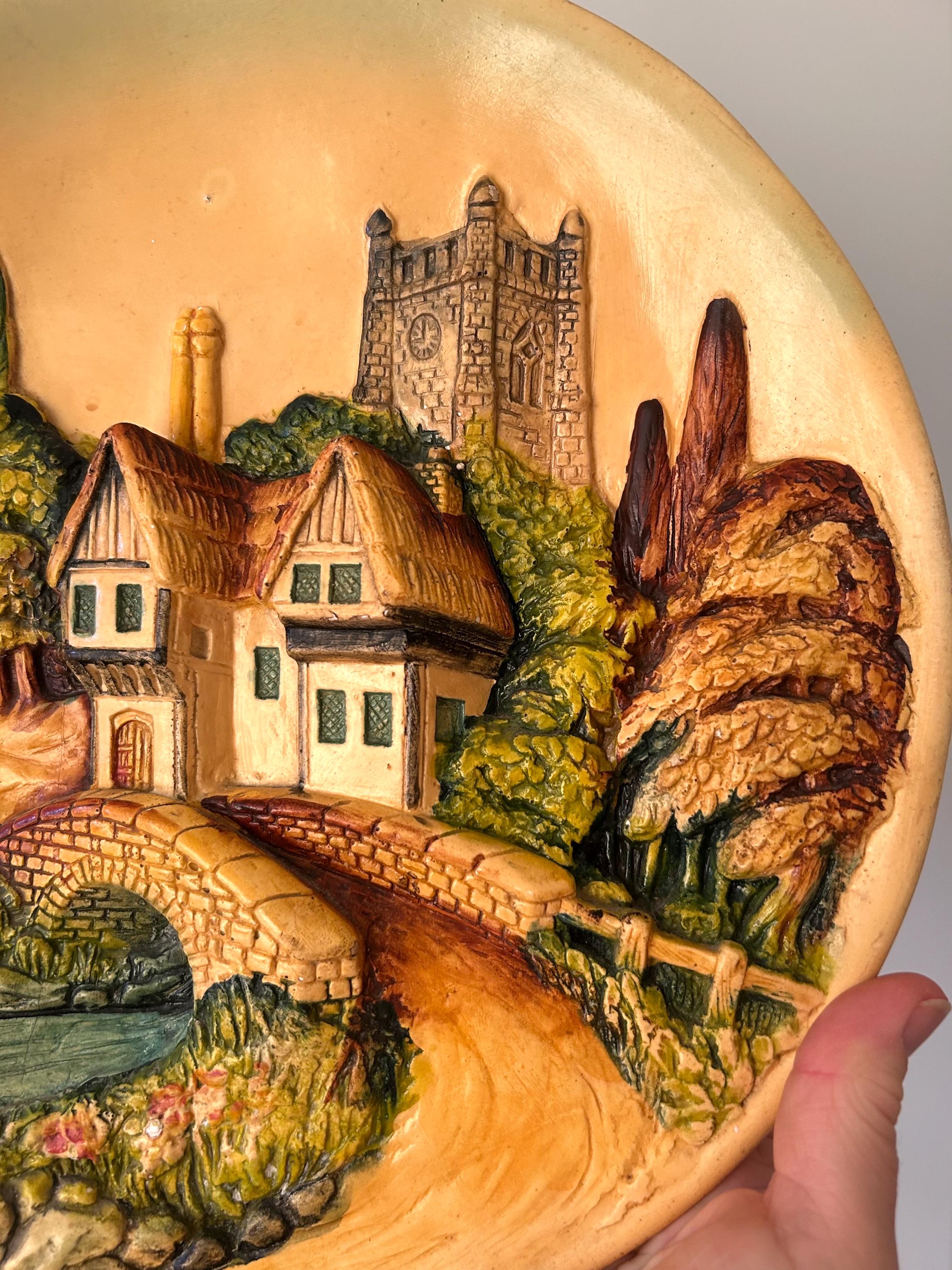 Vintage Chalk Ware Wall Plate / 1930s 3D Picture /houses and
