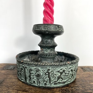 Vintage Greek Key Terracotta Candle Holder: Handmade Pottery Chamber Stick
