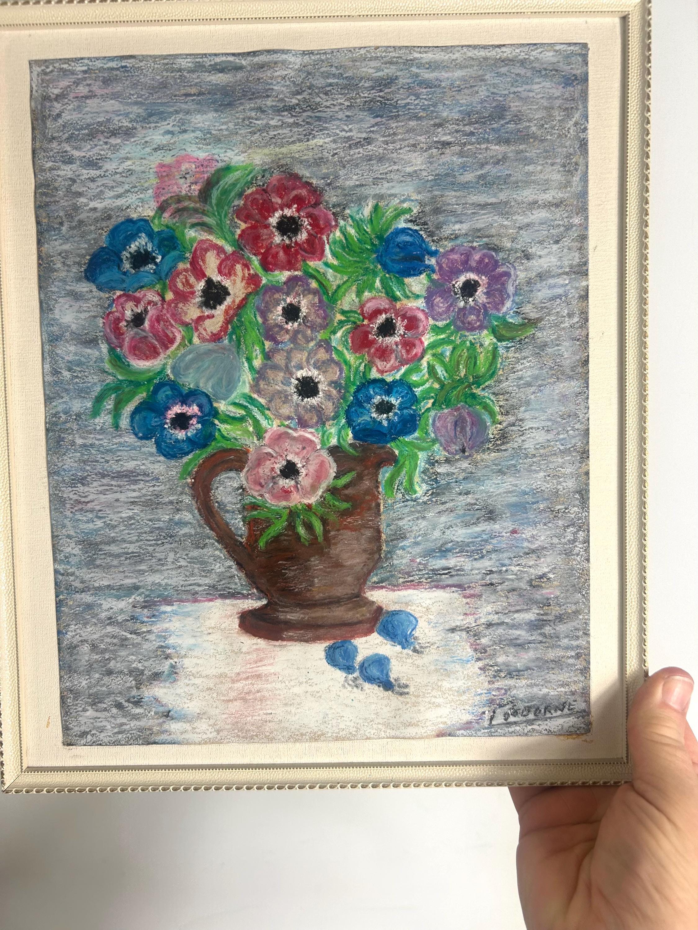 ヴィンテージ風の花柄絵画／パステル画 - 額装済み - ミッド