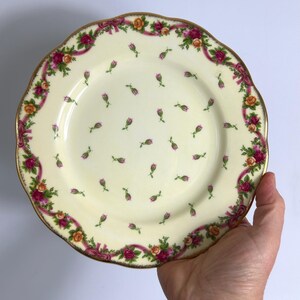 Può includere: Un piatto color crema con bordo smerlato e bordo dorato. Il piatto è decorato con un motivo floreale di rose rosa e arancioni e foglie verdi, con nastri rosa. Piccoli boccioli di fiori rosa sono sparsi sul piatto.