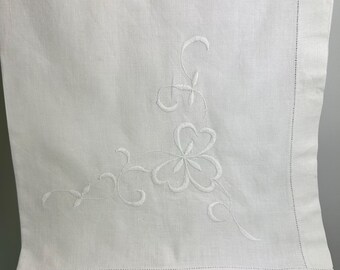 ヴィンテージ ホワイト リネン 刺繍入りテーブルクロス 32インチ