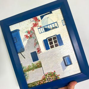 Vintage Mediterranean Villa Painting - Oil/Acrylic on Board - Blue Frame