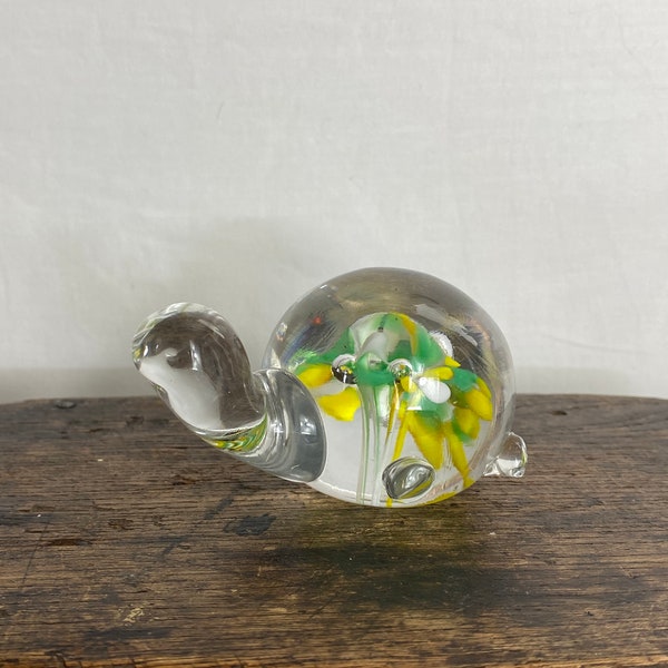 Vintage turtle paperweight - hand blown glass tortoise - vintage paperweight - colourful art glass - 1960s - Mid Century - Flowers 4” VG