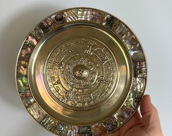 Vintage Mexican alpaca silver and abalone shell Aztec calendar decorative wall plate