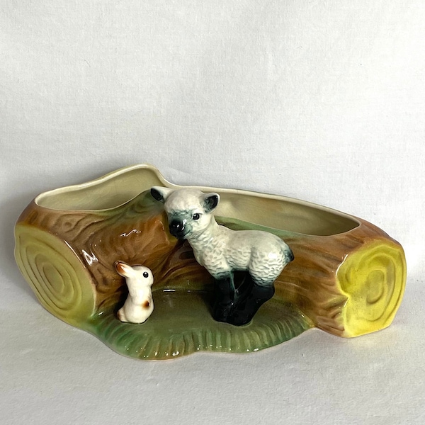 Vintage Hornsea Pottery Posy Vase - Hornsea Lamb Planter - Hornsea Rabbit Vase - Vintage Log Planter Vase - 1940s - Made in England - 9” GC