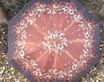 Vintage Umbrella - Mid Century Umbrella - Brown Floral Umbrella - GC