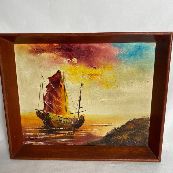 Peinture à l'huile vintage - navire galion en mer - paysage marin - années 50 - encadré - signé 27,4 x 25,4 cm GC