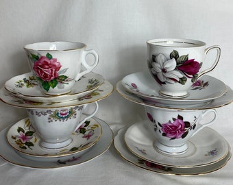 Vintage Tea Cups And Saucers - English China Tea Set - Harlequin Tea Trios - 4 Sets - Floral Patterns - Mix & Match - Beautiful - 1950s VGC