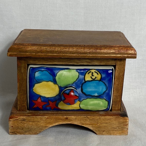 Vintage mini wooden drawer cabinet- Ceramic drawer - Jewellery storage - Craft Storage.m - Spice Storage - Colourful - Mexican - 1980s GC