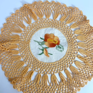 Vintage Doily -  1950s hand embroidered doily - English Crochet - Floral Lace Doily - Vintage Doily - Handmade - Orange Doily - 11”  VGC
