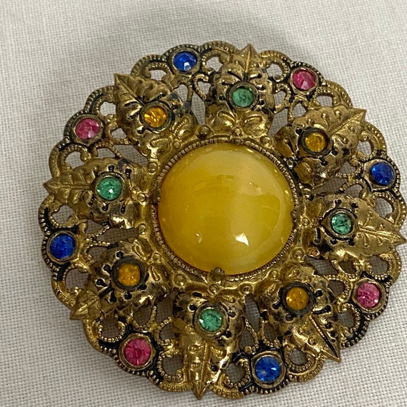 Vintage Ladies Brooch Colourful Cut Glass Stones Ornate Gold Tone Metal Round Pin Brooch 2 1950s GC Etsy