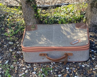 Vintage suitcase - Vintage travel case - 1970s  - Grey Tweed Fabric - Made in England - travel - storage - prop - display - wedding  GC