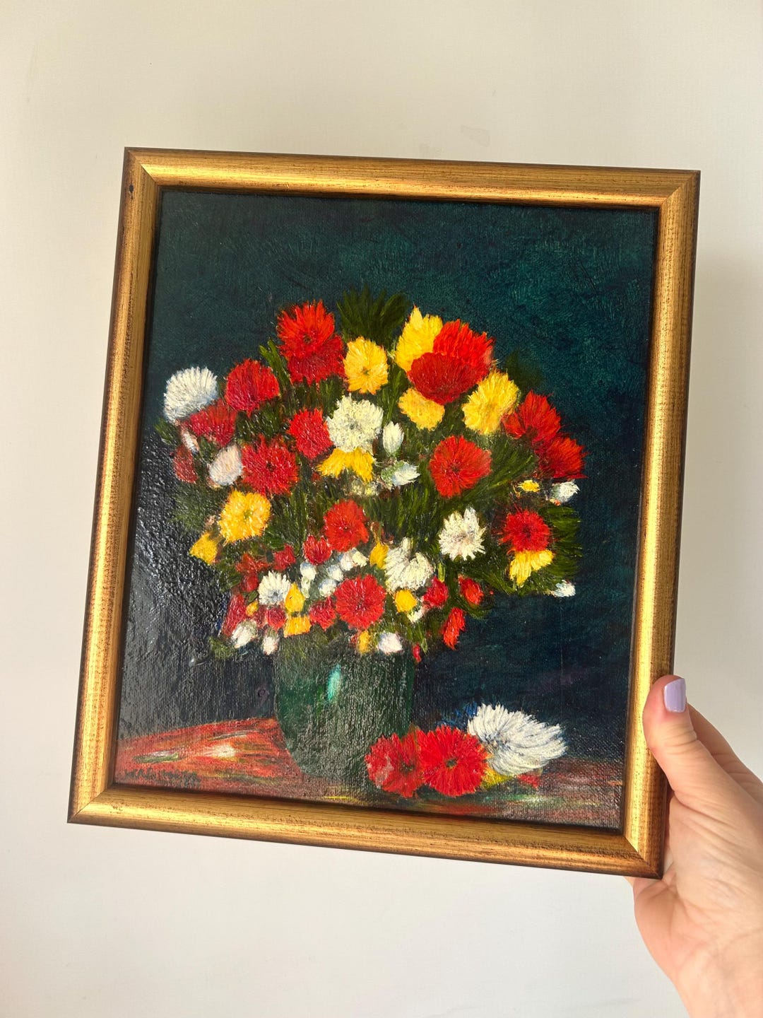 Vintage Floral Oil Painting - Flowers in a Green Vase - Framed / Signed ...