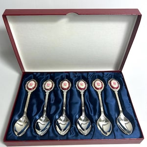Vintage lepelset met bloemenporselein camee-inzet / originele doos /set van 6 inch