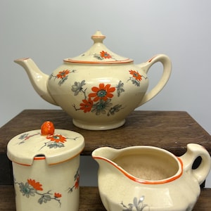 Antique Tea Set: Art Deco / Hand Painted Flowers / Tudor Ware - Teapot, creamer, sugar bowl