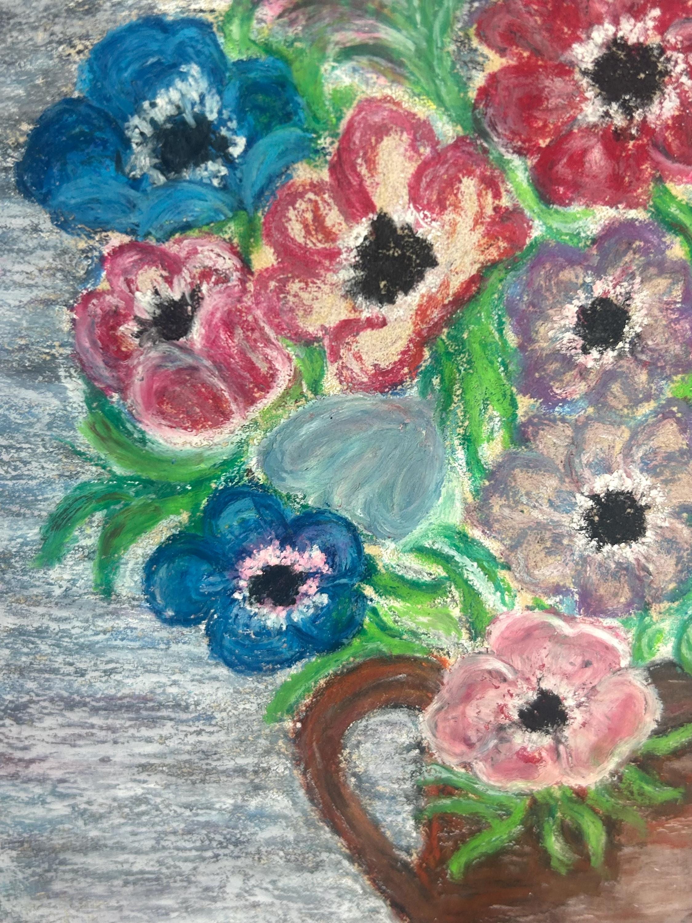 花のパステル画 額装済み ヴィンテージ風の花柄絵画／パステル画 - 額装済み - ミッド