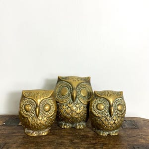 Vintage Brass Owl Family - 3 Brass Owl Ornaments - Brass animals - Brass birds - Mid Century - 1960s - 3” GC