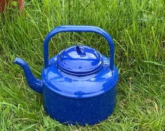 Vintage Enamel Teapot - Blue Enamel Tea Pot - Vintage Vase - Vintage Jug - Blue tea kettle - 8”  VGC