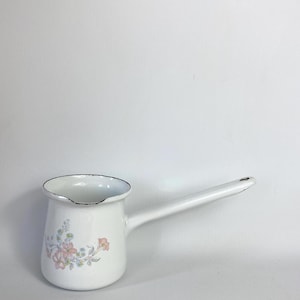 Vintage White Enamel Ladle: Mid-Century Floral Pan, 4”