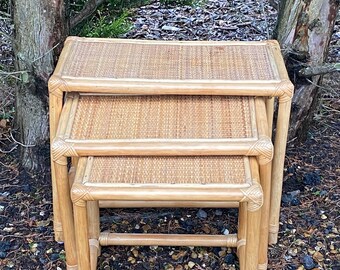 Vintage Bamboo Nest of Tables - 3 Bamboo Graduating Side Tables - Bamboo & Rattan Table Set - 1970s - Boho - Tiki Style - GC