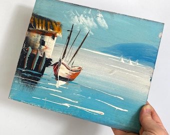 ヴィンテージ港の風景油絵 - 1970年代の海洋アート - 海岸装飾 - Etsy 日本