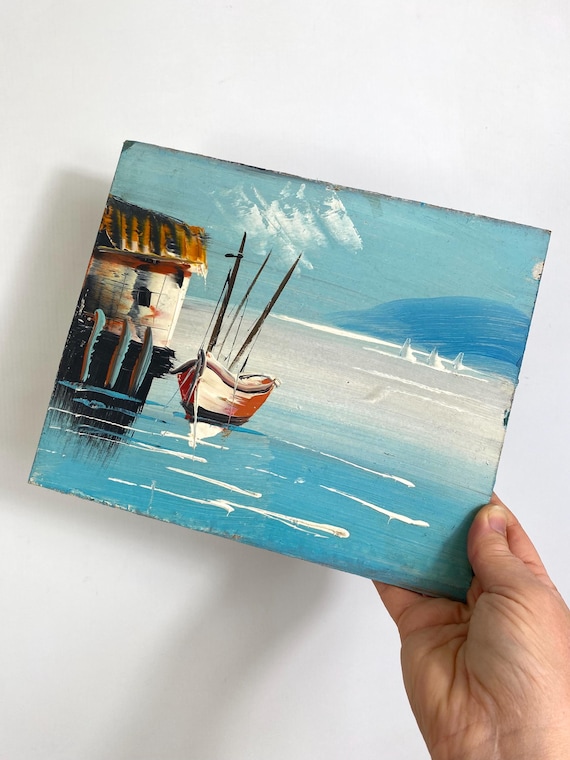 ヴィンテージの港の風景油絵 - 1970年代の海洋美術 - Etsy 日本