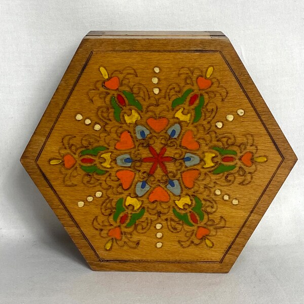 Vintage wooden storage box - Vintage jewellery box - Floral - 1980s - 7” - VGC