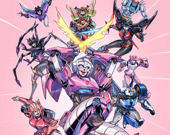 May include: A group of pink, blue, red, black and yellow cartoon robots with wings and weapons are flying in a pink background. The text "DARS DRAWS '22" is in the bottom right corner.
