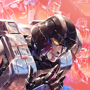 Op de afbeelding: Een close-up van een robot met een zilveren en blauwe metalen lichaam. De robot heeft een zwarte helm met een gele vizier en een rood-zwarte gezichtsplaat. De rechterhand van de robot is omhoog, en de linkerhand is verborgen door het lichaam van de robot. De robot is omgeven door een rode en blauwe gloed.