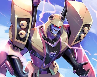 May include: A purple and gold robot with a black chest plate and a yellow helmet. The robot has two large cannons on its back and is firing energy blasts from them. The robot is standing in front of a blue and white sky.