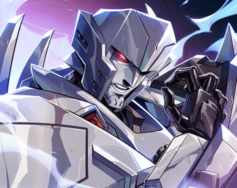 May include: A digital illustration of a silver robot with red eyes. The robot is in a fighting pose with its fist clenched. The background is a dark purple and blue with white smoke.