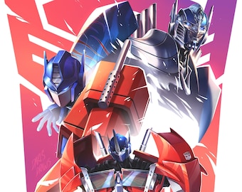 Może przedstawiać: Cyfrowa ilustracja trzech robotów Transformers. Robot w środku jest czerwony i srebrny, z niebieskim klatką piersiową i niebieską twarzą. Robot po lewej jest niebieski i srebrny, z niebieską twarzą. Robot po prawej jest srebrny i niebieski, z niebieską twarzą. Roboty stoją przed czerwono-białym symbolem Autobotów.