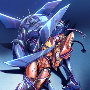 May include: A blue and orange robot with wings is sitting down with its head resting on its knees. The robot has purple wires and cables connecting its body parts. The robot is on a light blue background. The text "DARUS DRAWS 22" is in the bottom right corner of the image.