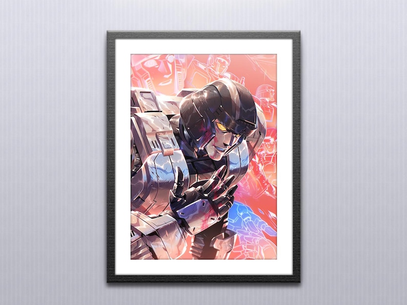 Puede incluir: Un robot plateado con un fondo azul y rojo. El robot tiene un casco negro con una visera amarilla y est&aacute; sosteniendo sus manos frente a su pecho.