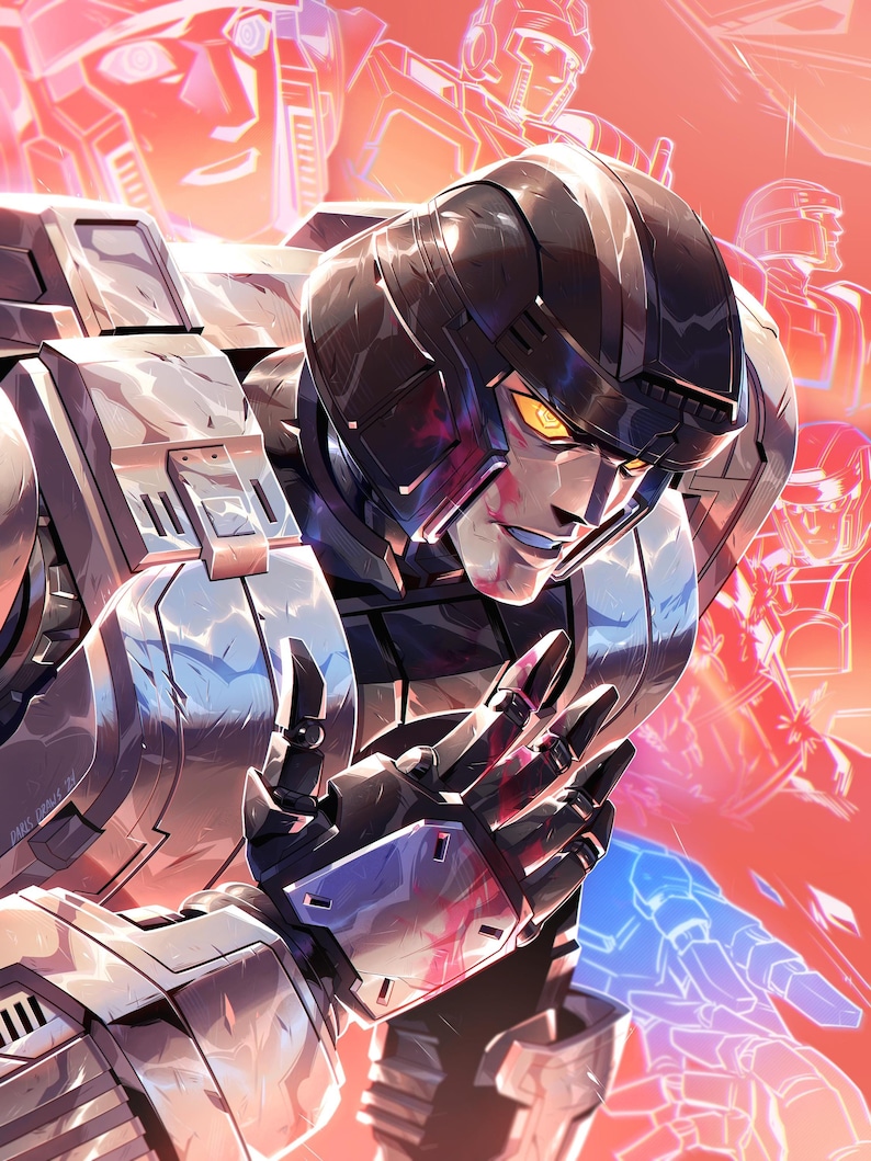 Puede incluir: Primer plano de un robot con un cuerpo met&aacute;lico plateado y azul. El robot tiene un casco negro con una visera amarilla y una placa facial roja y negra. La mano derecha del robot est&aacute; levantada y la mano izquierda est&aacute; oculta por el cuerpo del robot. El robot est&aacute; rodeado por un brillo rojo y azul.