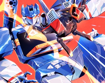 May include: A blue and white robot with a red and black robot attached to its chest. The robots are in a dynamic pose, with the blue robot's arm extended and the red robot's head tilted back. The background is a bright red with yellow and white streaks.