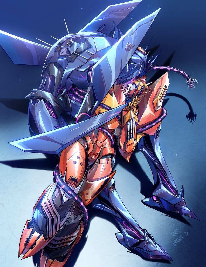 May include: A blue and orange robot with wings is sitting down with its head resting on its knees. The robot has purple wires and cables connecting its body parts. The robot is on a light blue background. The text "DARUS DRAWS 22" is in the bottom right corner of the image.
