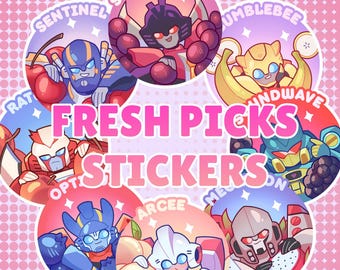 Può includere: Una collezione di adesivi rotondi e colorati con personaggi di robot dei cartoni animati con frutta. Gli adesivi presentano le parole "FRESH PICKS" e "STICKERS" in rosa. Lo sfondo è rosa con pois bianchi.