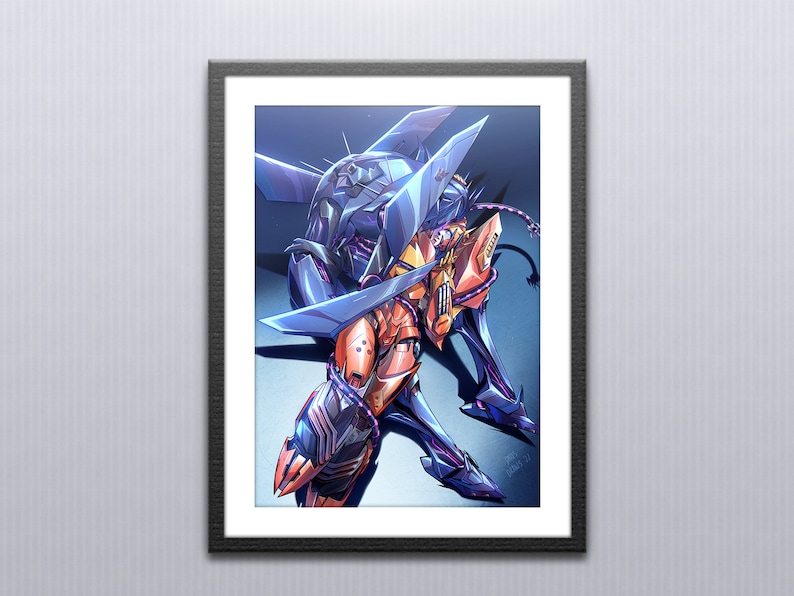 May include: A blue and orange robot with sharp edges and a purple cable. The robot is in a fighting pose with its arms extended. The background is a light blue gradient.