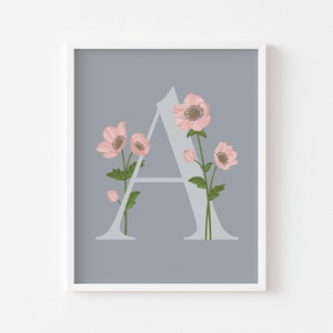 Impresión de letras del alfabeto, A/B/E/H, tipográfica, arte de pared, impresión, regalo, floral, A5