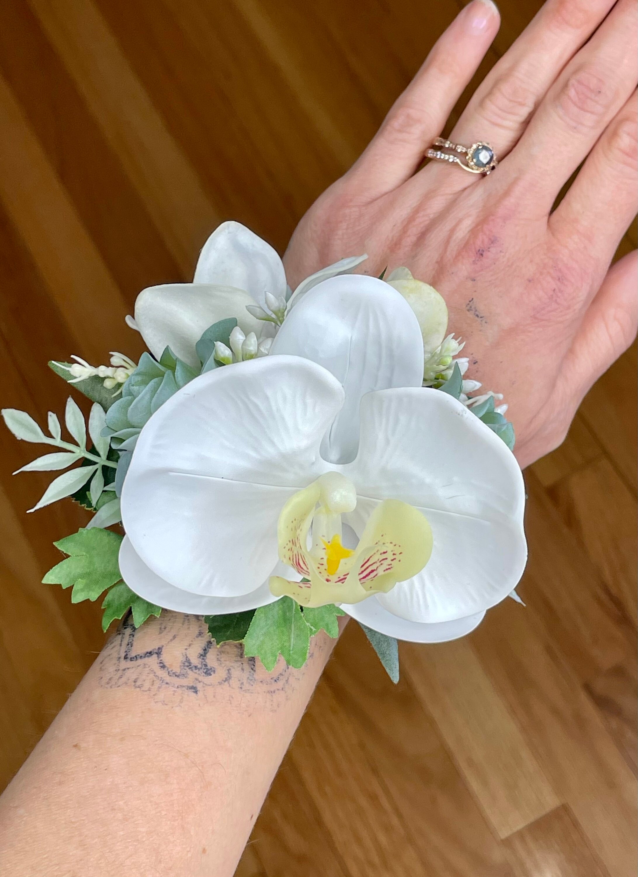White Orchid Corsage real touch ft Succulents and Freesia Etsy