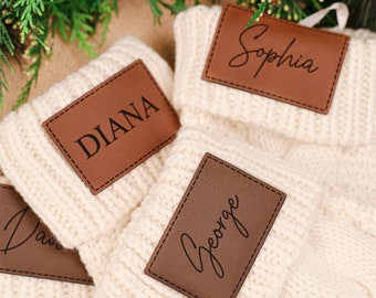 Personalized Christmas Stockings With Leather Patch - Custom Stocking - Knit Stocking