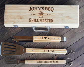 Personalized BBQ Set - Fathers Day Gift - Christmas Gift for Dad - Engraved Grill Set - Grill Gift Set - Grilling Tools