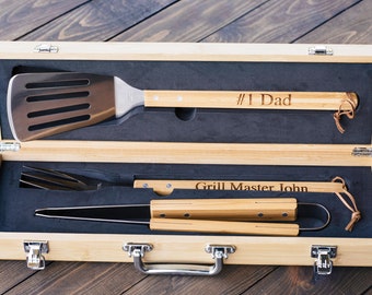 Christmas Gift for Dad - Personalized BBQ Set - Fathers Day Gift -  Engraved Grill Set - Grill Gift Set - Grilling Tools