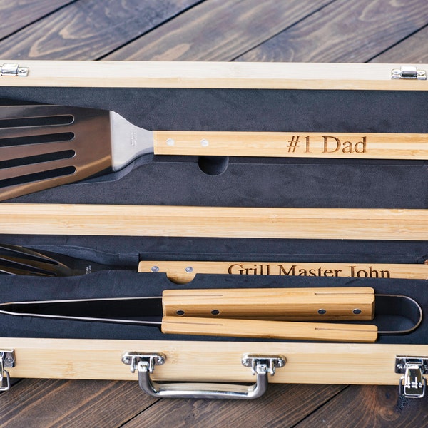 Christmas Gift for Dad - Personalized BBQ Set - Fathers Day Gift -  Engraved Grill Set - Grill Gift Set - Grilling Tools