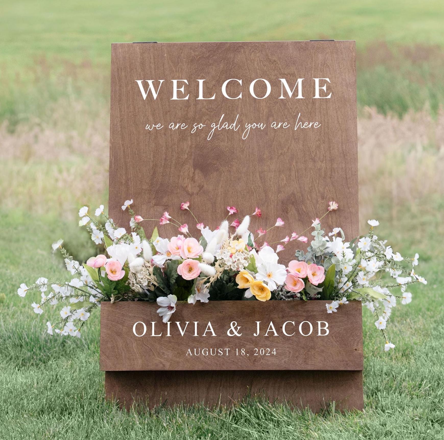 Letrero de bienvenida con forma de caja de flores - Letrero de bienvenida para bodas - Decoración personalizada