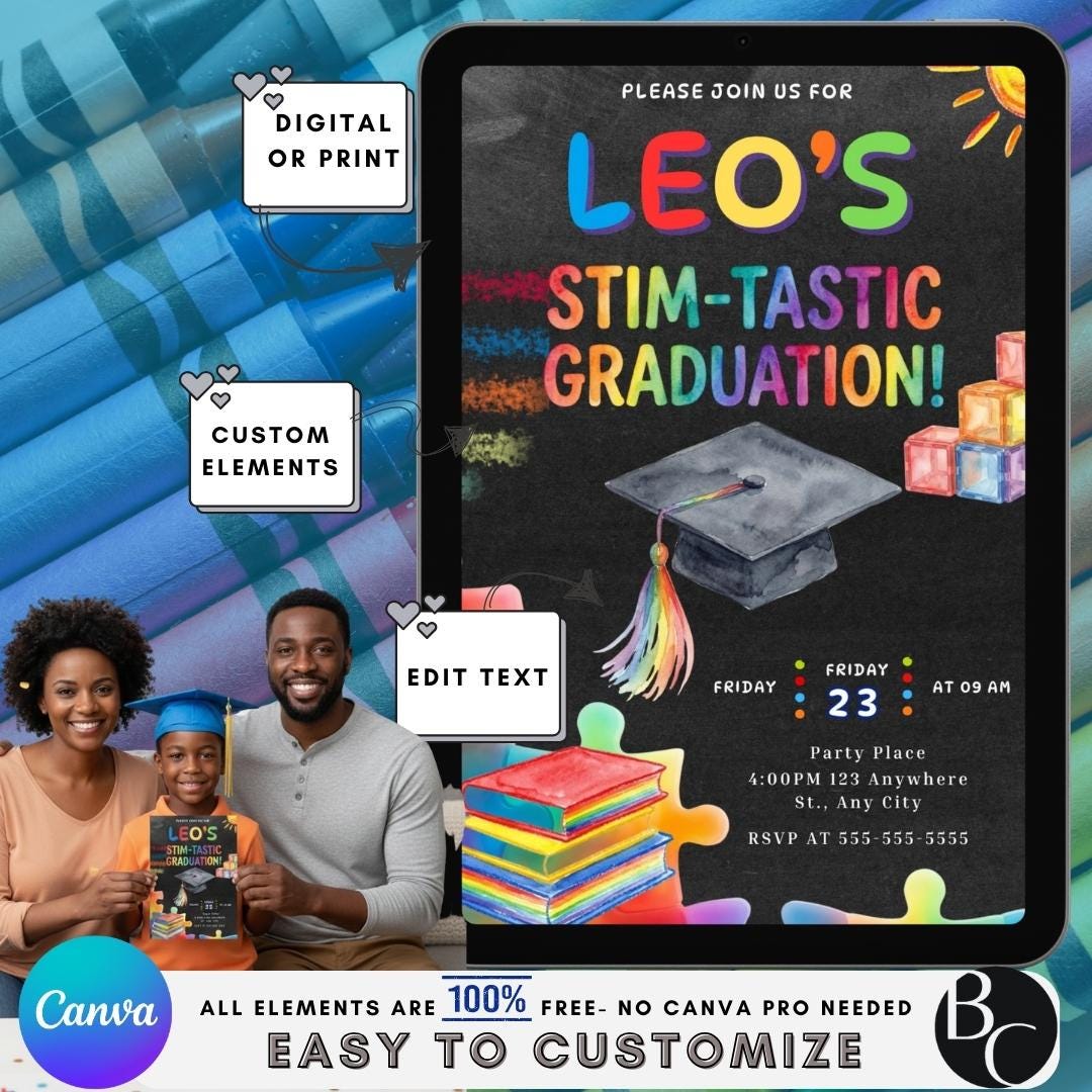 Autism Graduation Designs Autism Graduation Invitation Template | Kids Party, Canva Design ...